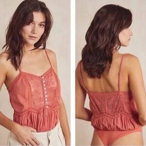 NEW! Free People Coral Orange Still The One Bodysuit Lace Lacy Bodysuit NWOT
